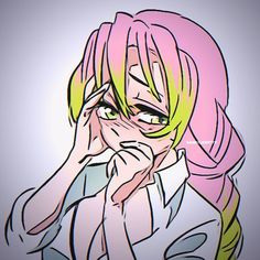 a drawing of a woman with pink hair and green eyes holding her hand to her face