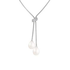 8-8.5mm White Cultured Freshwater Pearl Rhodium Over Sterling Silver Necklace. Measures approximately 0.50" wide and has a spring ring clasp. Elegant Formal Necklaces With Lobster Clasp, Elegant White Gold Necklace With Lobster Clasp, Classic Lariat Jewelry For Formal Occasions, Elegant Adjustable Necklaces With Spring Ring Clasp, White Lariat Jewelry For Formal Occasions, Teardrop Single Strand Jewelry For Formal Events, Elegant Teardrop Necklace With Sterling Silver Clasp, Elegant Sterling Silver Necklace With Spring Ring Clasp, Formal Lariat Jewelry With Pearl Pendant