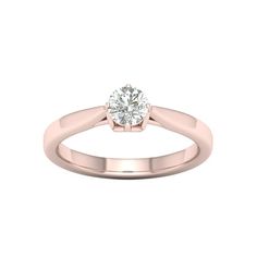 a rose gold engagement ring with a round diamond in the center, on a white background