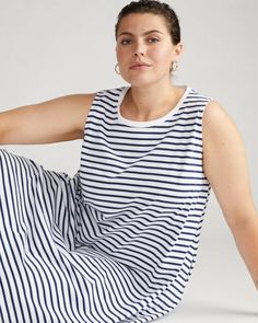 Bay Breton Stripe Sleeveless Dress - White/Cenote Stripe | Universal Standard Casual Cotton Tank Dress, Casual White Tank Dress, White Tank Dress For Spring, White Tank Dress For Summer, Puffer Vest Fashion, Vacation Dresses Beach, Athleisure Pants, Universal Standard, Weekend Dresses