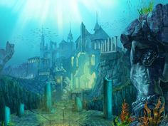 an underwater scene with a castle in the background