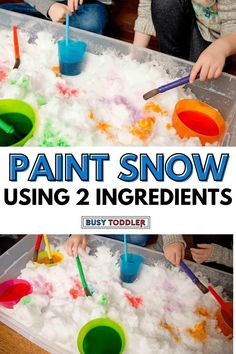 two children are playing with paint and snow using 2 ingredients to make an art project