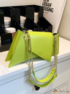 BirdinBag - Lime Chain Accented Flap Novelty Bag with Neon Finish Green Evening Bags With Chain Strap, Elegant Green Satchel With Chain Strap, Green Bags With Chain Strap For Daily Use, Green Chain Strap Bag For Shopping, Green Bag With Chain Strap For Daily Use, Trendy Party Satchel With Chain Strap, Green Shoulder Satchel With Chain Strap, Green Satchel With Chain Strap, Trendy Shoulder Bag With Chain For Shopping