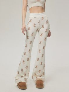 Trendy Bear Print Casual Pants With Subtle Flare Leg - chiclara Cream Wide Leg Stretch Bottoms, Cream Stretch Long Pants, Cream Bottoms With Elastic Stretch Waistband, Cream Stretch Bottoms With Elastic Waistband, Fitted Comfortable Soft Bottoms, Stretch Cream Pants, Casual Soft Beige Bottoms, Casual Beige Bottoms For Relaxation, Cream Relaxed Fit Bottoms For Lounging