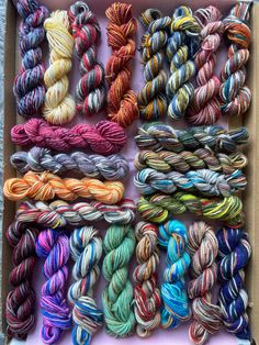 several skeins of yarn are in a box