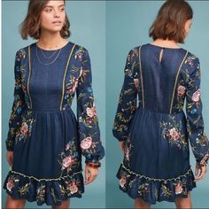 - Never Worn - New Without Tags - Lovely Embroidered Dress Blue Floral Embroidery Dress For Brunch, Blue Floral Embroidered Dress For Brunch, Fitted Blue Embroidered Dress With Floral Print, Blue Floral Print Embroidered Midi Dress, Blue Embroidered Dress For Fall, Blue Embroidered Fall Dress, Stitch Design, Anthropologie Dresses, Embroidered Dress