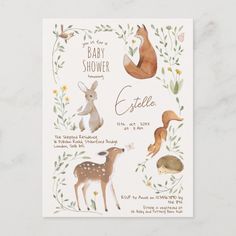 a baby shower poster with animals and flowers on it's back, in white marble