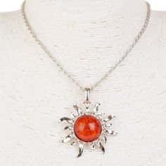 Multicolored Synthetic Amber Sun Pendent. Neck Chain 19.5" With Extender Trendy Red Pendant Necklace, Trendy Red Metal Necklaces, Trendy Red Metal Necklace, Red Metal Necklace With Large Pendant, Red Necklace With Large Round Pendant, Red Summer Necklaces, Elegant Red Necklace For Summer, Orange Round Pendant Necklace, Neck Chain