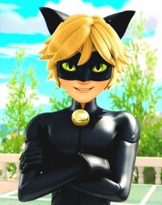 a cartoon character dressed as catwoman with her arms crossed and green eyes, standing in front of a tennis court