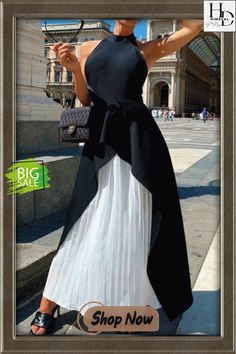 Women's Dresses Halterneck Pleated Irregular Dress Black Dress With Contrast Color For Summer, Black Summer Dress With Contrast Color, Elegant Party Dresses With Contrast Color, Summer Party Dress With Contrast Color, Irregular Dress, Pleated Long Skirt, Night Dress For Women, Sleeveless Long Dress, Halter Maxi Dresses