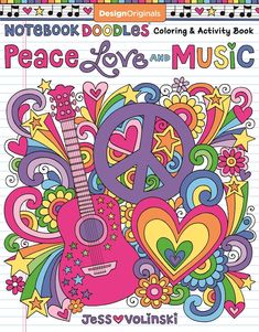 an adult coloring book with peace love and music