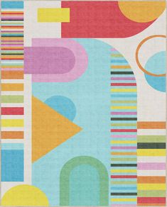 an abstract rug with colorful shapes and lines