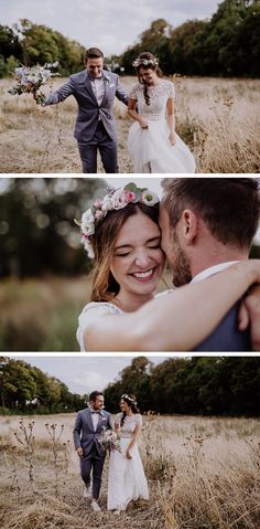 the bride and groom are walking through tall grass in their wedding day photoshopped together