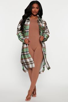 Available In Orange/combo, Green/combo, And Pink. Shirt Jacket Collar Button Front Pockets Plaid Print Lined Longline Disclaimer: Plaid Placement Will Vary Shell/Lining: 100% Polyester Imported | Get Lost Plaid Shacket in Green size Medium by Fashion Nova Green Plaid Outfits For Women, Print Jackets For Women, Green Plaid Outfit, Marilyn Melo, Oversized Plaid Shirts, Plaid Shirt Dress, Jacket Collar, Plaid Shacket, Plaid Outfits