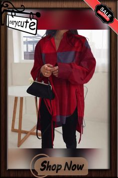 Women's Shirts Casual Lace Up Shirt with Lapel Button Oversize Tunic Shirt Oversized Collar Blouse For Fall, Oversized Red Button-up Blouse, Womens Shirts Casual, Lace Up Shirt, Laced Up Shirt, Oversized Tunic, Casual Lace, Tunic Shirt, Women's Shirts