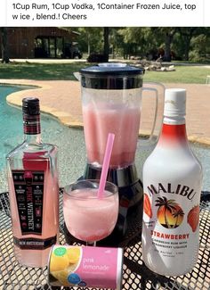 an image of some drinks on a table by the pool with ice and strawberries