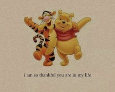 winnie the pooh and tigger hug each other on a beige background with words that read, i am so thank you are in my life