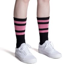 Pink and black socks rule. Can you pull these off in both crew and knee high styles? American made transcendent styles, infused with modern tech, take groovy to a whole new level. SOCCO has upgraded the classic three stripe athletic tube socks of the 1970’s and 80’s to super cushiony cotton, moisture wicking polyester and a built-in functional heel for all day comfort whether on the streets, field or court. Tech SpecsFull foot and leg cushioning Moisture wicking and breathable body Built-in func Pink Striped Socks, Modern Tech, Sock Game, Black Socks, Black Knees, Striped Socks, Tube Socks, Toe Designs, Vintage Vibes