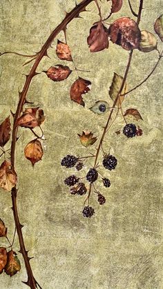 an artistic painting with leaves and berries on the branch in front of a beige background