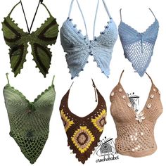 four crocheted bras are shown in different colors