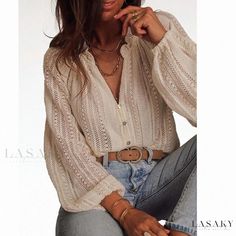 Lasaky - Vintage Lace Blouse with Grid Hollow Shell Button and Pure Color Design Top In Pizzo, White Lace Shirt, Diy Vetement, Lace Button, Lace Top Long Sleeve, Women Long Sleeve Tops, Complete Outfits, 가을 패션, Lace Shirt