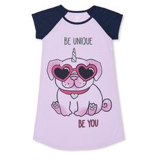 New! Short Sleeve Sleep Gown Uni-Pug (Unicorn Pug) With Glitter Horn And "Be Unique Be You" Print On The Front Light Purple Gown With Navy Blue Colorblock Sleeves Soft Jersey Material Made Of 100% Polyester Tagless For Extra Comfort Flame Resistant Size 10/12 Cute Unicorn Print Sleepwear For Loungewear, Playful Unicorn Print Sleepwear For Sleepover, Playful Unicorn Print Sleepwear, Pink Unicorn Print Sleepwear For Bedtime, Pink Unicorn Print Sleepwear, Playful Purple Sleepwear For Pajama Party, Purple Short Sleeve Nightgown For Bedtime, Purple Short Sleeve Nightgown For Sleepover, Cute Purple Sleepwear For Pajama Party