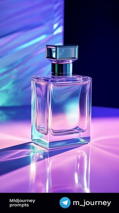 a bottle of perfume sitting on top of a purple table next to a blue and green wall