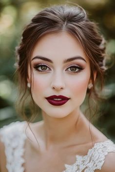 Best Makeup For Burgundy Dress, Dark Lip Wedding Makeup, Burgundy Dress Makeup Ideas, Wedding Makeup Red Lipstick, Bridal Makeup For Hazel Eyes Blonde Hair, Burgundy Lipstick Makeup, Dark Bridal Makeup, Bridal Makeup Red Lips, Classic Couture