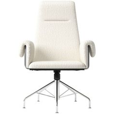 an office chair with white upholstered fabric and metal legs, viewed from the front