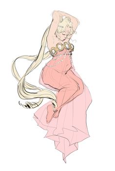 a drawing of a woman with long blonde hair and goggles on her head, wearing a pink dress