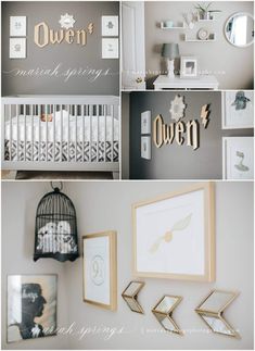 a collage of photos with baby's room decor