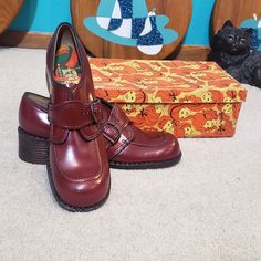 1970s Flips New In The Box Oxblood Red Leather Buckled Oxfords With Black Soles And Chunky Heels. I'm So Sad These Don't Fit Me! They're My Favorite So Far Out Of All The Shoes I've Gone Through! And Look At The Insoles... They're So Groovy! These Come With The Original Box Which Is Equally Awesome And The Name Of These Shoes Are "Wine Fiesta" I Can Get Down With That! In Like New Condition With No Signs Of Wear. Marked Size 6 1/2 Heel To Toe 9 3/4" 3 3/4" Wide 1 3/4" Heel These Are In Great Wea Retro Red Block Heel Shoes, Vintage Red Round Toe Heels, Red Retro Block Heel Shoes, Retro Heels With Red Sole And Round Toe, Vintage Red Heels With Round Toe, Retro Red Almond Toe Heels, Vintage Red Block Heel Heels, Vintage Red Heels For Fall, Vintage Heels With Red Sole And Round Toe