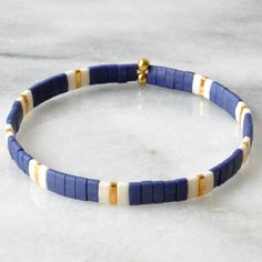 Stretch Tile Bracelet - Navy Pattern | Handmade by Libby & Smee Navy Blue Tile, Tile Bracelet, Loom Bracelet Patterns, Wood Bead Bracelet, Everyday Bracelet, Blue Tile, Hematite Bracelet, White Bracelets, Blue Tiles