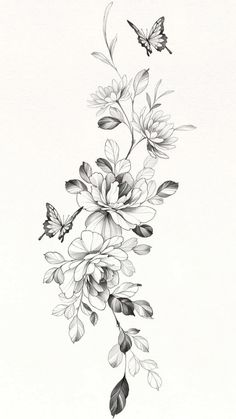 a black and white drawing of flowers with two butterflies flying over them on a white background