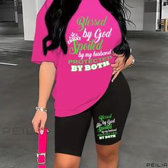 Peilia - Blessed By God Two-piece Set: Short Sleeve Crew Neck T-Shirt and Shorts - Stylish 2pcs Outfits for Summer and Spring, Womens Fashion Spring Short Sets With Letter Print, Pink Crew Neck Sets With Letter Print, Outfits For Summer, Short Leggings, Pants Pattern, Casual Fit, T Shirt And Shorts, Sleeve Designs, Two Piece Sets