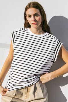 A striped knit top featuring round neckline and ribbed short sleeveDetails:Self : 90% Cotton 5% SpandexSize & Fit- Model is 5`8" And Wearing Size Small- Measurements Taken From Size Small- Approx. Length: 24" Horizontal Stripe Crew Neck Tops For Spring, Crew Neck Top With Horizontal Stripes For Spring, Crew Neck Tops With Horizontal Stripes For Spring, Trendy Short Sleeve Tops With Vertical Stripes, Summer Striped Ribbed Tops, Striped Ribbed Short Sleeve Tops, Spring Top With Striped Short Sleeves, Spring Tops With Striped Short Sleeves, Spring Short Sleeve Tops With Striped Sleeves