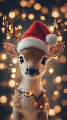 a small deer wearing a santa hat and lights