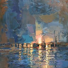 an abstract painting of boats on the water at night with lights reflecting in the water