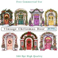 four different doors with christmas decorations and wreaths on them, all painted in various colors