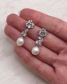 Silvia Pearl & CZ Earrings - Shop Wedding Earrings | Dareth Colburn Gold Clips, Cz Earrings, Free Style, Fancy Jewelry, Earrings Long, Gorgeous Earrings, Pearl Drop, Cz Stone, Wedding Classic