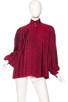 For Sale on 1stDibs - 1970S GUCCI Cranberry Red Silk Jaquard Pleated Blouse Luxury Gucci Blouse For Office, Elegant Gucci Blouse For Evening, Elegant Gucci Blouse For Party, Fitted Gucci Blouse For Fall, Gucci Silk Blouse For Spring, Elegant Gucci Party Blouse, Gucci Long Sleeve Evening Tops, Gucci Evening Long Sleeve Tops, Gucci Long Sleeve Blouse For Fall