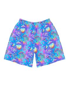 Shroomin Blue Athletic Shorts - One Stop Rave Colored Mushrooms, Blue Athletic Shorts, Rave Shorts, Forest Clothes, Trippy Designs, White Flats, Blue Shorts, Moisture Wicking Fabric, Athletic Shorts