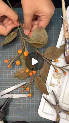 two hands are working on some branches with orange berries and leaves, while another person is using scissors to trim the stems