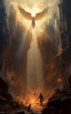 a man walking through a tunnel with an angel flying above his head in the sky