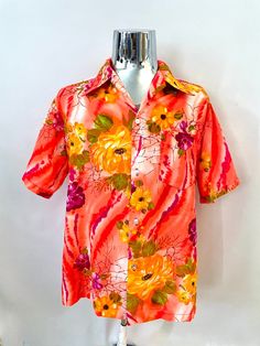 Vintage 60's Neon, Orange, Floral, Hawaiian Shirt (L) by Freshandswanky on Etsy Orange Short Sleeve Hawaiian Shirt For Spring, Retro Hawaiian Shirt For Spring, Retro Spring Hawaiian Shirt With Relaxed Fit, Retro Hawaiian Shirt For Spring With Relaxed Fit, Retro Relaxed Fit Hawaiian Shirt For Spring, Groovy Retro Print Summer Shirt, Groovy Retro Print Shirt For Summer, Vintage Orange Summer Shirt, Red Retro Print Summer Shirt