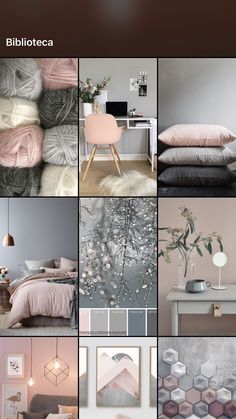 a collage of photos with different colors and patterns on them, including greys, pinks, browns and whites