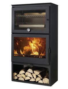 a black stove with logs in it and flames coming from the top, on a white background