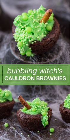 some cupcakes with green sprinkles on them and the words bubbling witch's cauldron brownies