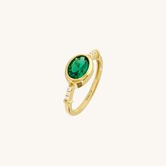 Real 14K Gold Bezel Set Oval Emerald Ring Oval Emerald Diamond Ring With Bezel Setting, Timeless Yellow Gold Emerald Ring With Oval Shape, Timeless Yellow Gold Oval Emerald Ring, Elegant Emerald Ring With Oval Cabochon, Oval Yellow Gold Emerald Ring With Halo, Timeless Oval Emerald Rings, Elegant Bezel-set Emerald Ring For May Birthstone, Elegant Emerald Birthstone Ring With Bezel Setting, Elegant Oval Emerald Ring For May Birthstone