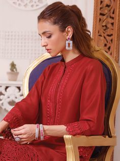 Embroidered Salwar Kameez Pakistani Red Dress for Eid is an elegant masterpiece that wins everyone's hearts at the very first glance. This premium Pakistani Eid Dress comes in premium Raw silk fabric and is gracefully emblazoned with lavish embroideries and lacework. Kameez: The beautiful kameez in an alluring red shade is a stunning attire to wear on the big day. Classic embroideries and lacework give a traditional touch to this stunning Raw silk kameez, making it a perfect choice to pair with Pakistani Red Dress, Dress For Eid, Silk Kameez, Salwar Kameez Pakistani, Embroidered Salwar, Eid Dress, Raw Silk Fabric, Eid Dresses, Raw Silk